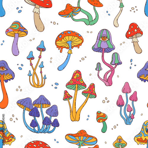 Groovy mushrooms seamless pattern. Vector tile background with retro, vibrant amanita, toadstool or fly agaric cartoon hippie psychedelic fungi plants with whimsical trippy, nostalgic funky vibes