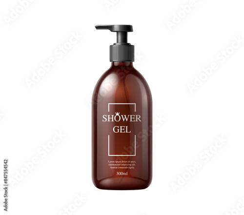 Shower gel bottle. Cosmetic product package template. Isolated 3d vector realistic brown plastic bottle with a pump dispenser. Elegant, luxury packaging for personal care, spa procedures and daily use