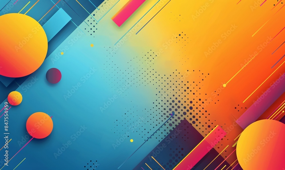 Abstract dynamic flat vector background with vibrant colors and geometric shapes, includes ample text copy space