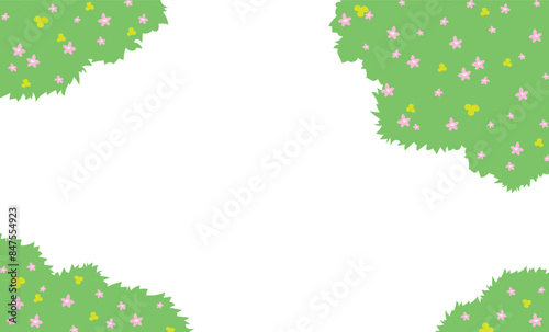 ピンクの花と草地の背景イラストフレーム