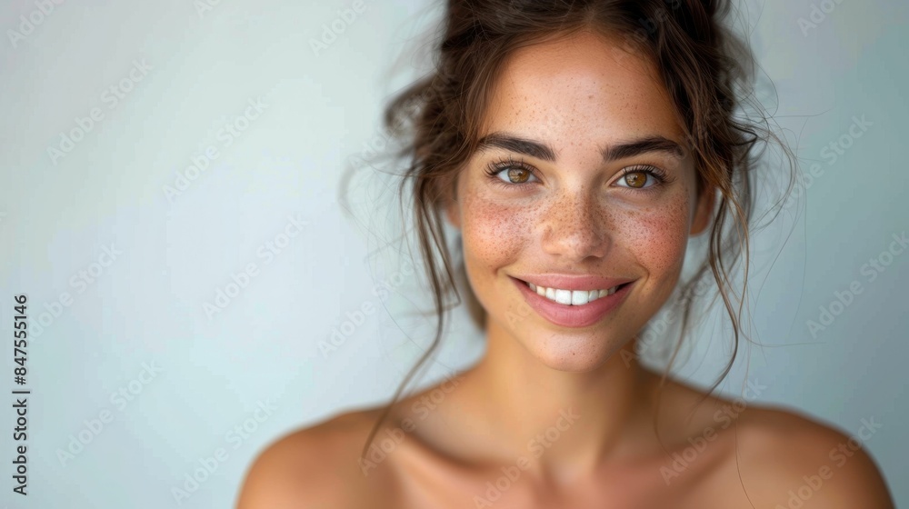 A woman with a greenish brown hair and a smile on her face. She is wearing a necklace A woman with a greenish brown hair and a smile on her face. She is wearing a necklace