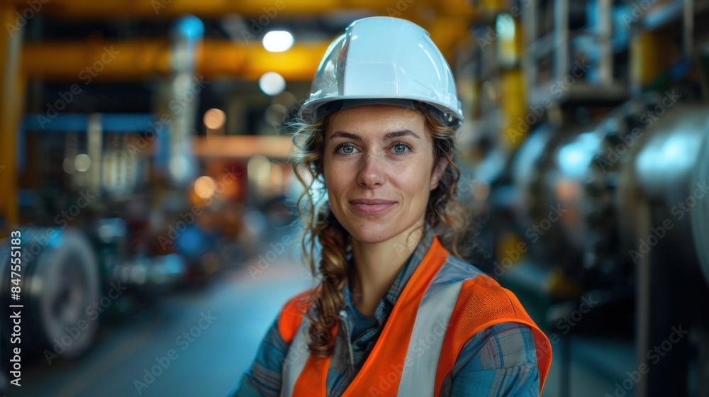 A woman wearing a hard hat and orange vest stands in front of a large industrial building. She has a smile on her face and she is happy A woman wearing a hard hat and orange vest stands in front of a large industrial building. She has a smile on her face and she is happy