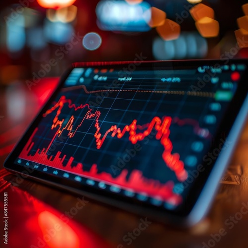 Closeup of a tablet screen displaying a red stock market graph.