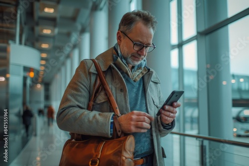 Businessman Using Smartphone While Walking Through Airport Corridor