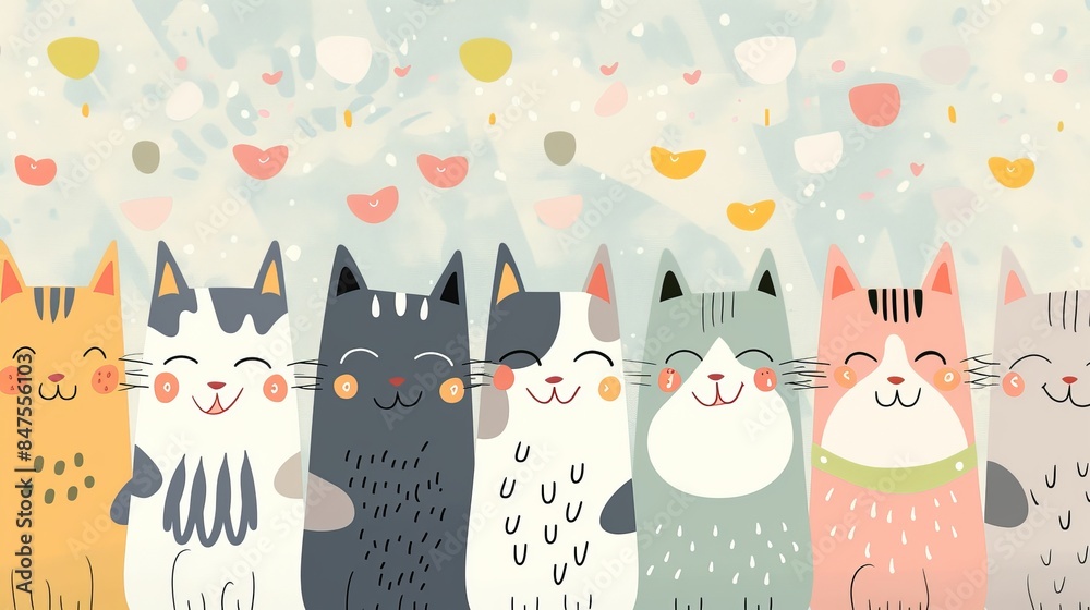 Happy cartoon cats of all shapes and sizes, eyes closed in delight, on a pastel patterned background Happy cartoon cats of all shapes and sizes, eyes closed in delight, on a pastel patterned background