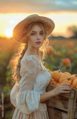 Young Woman in Straw Hat Holding Crate of Pumpkins at Sunset
