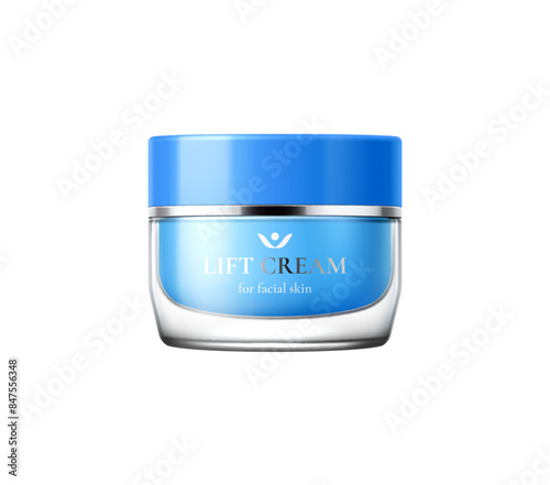 Lift and anti aging cream package, cosmetic product template. Isolated realistic 3d vector mockup of professional skincare beauty cosmetics, facial skin and anti-aging cream in glass jar with blue lid