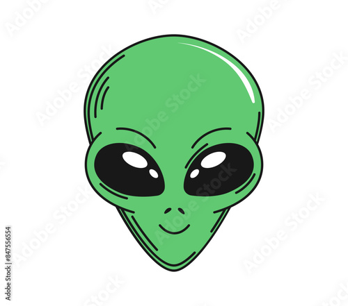 Retro groovy alien space character face or head with large black eyes and a small, friendly smile. Isolated cartoon vector friendly extraterrestrial being, invader, et personage with green skin
