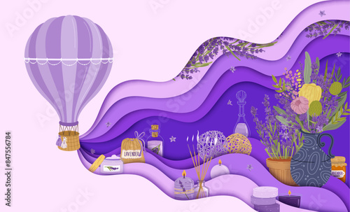 Paper cut banner with lavender cosmetics for skincare and aroma SPA, vector background. Lavender cosmetics on papercut banner with Provence flowers soap and cream, aromatherapy candles and oil essence