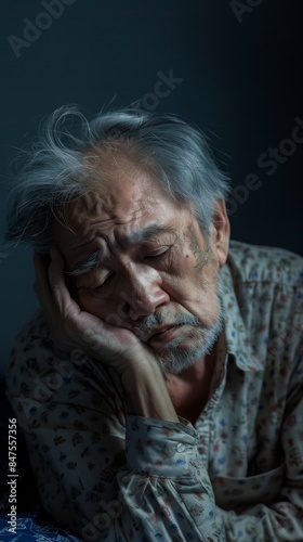 Asian old man struggling to sleep at night