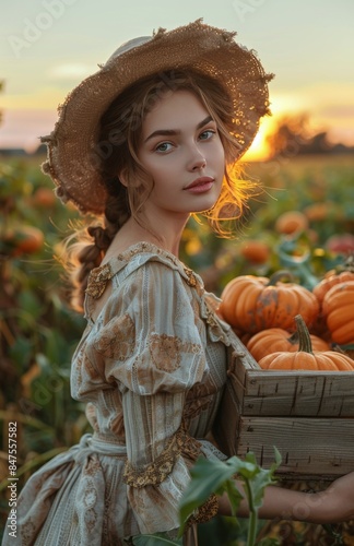 Young Woman in Straw Hat Holding Crate of Pumpkins at Sunset