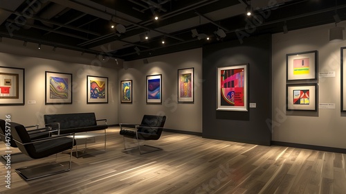 A gallery with framed modern art pieces on display. © rizwana