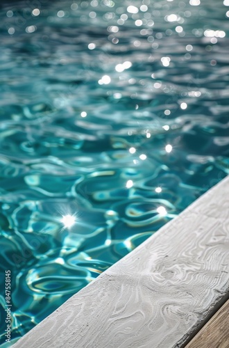 Close-Up View of a Wooden Deck Bordering a Blue Swimming Pool
