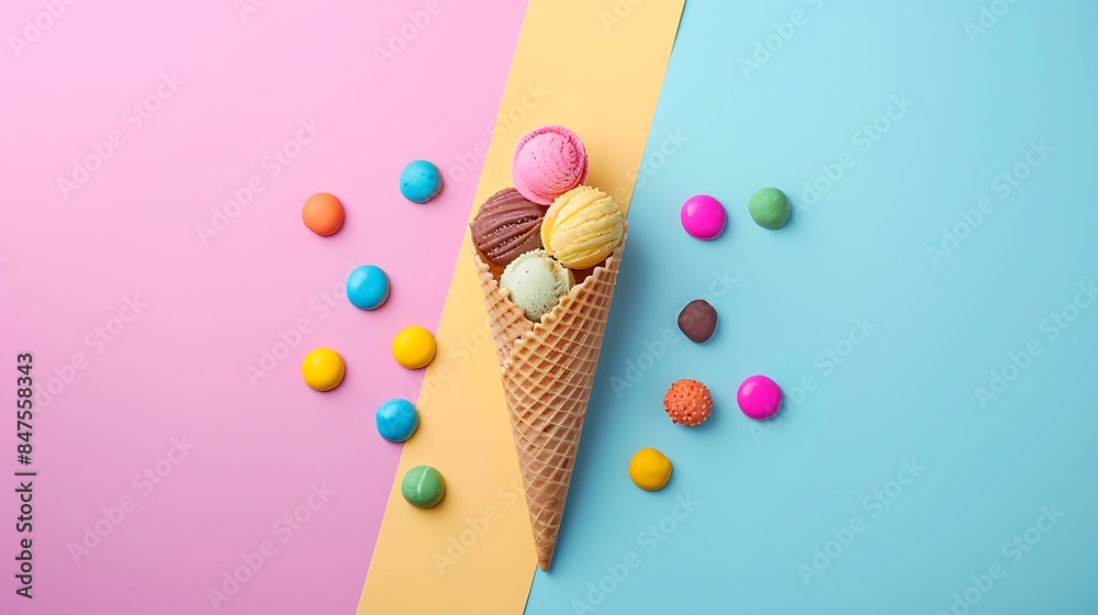 An ice cream cone filled with small colorful chocolates isolated on colorful background An ice cream cone filled with small colorful chocolates isolated on colorful background