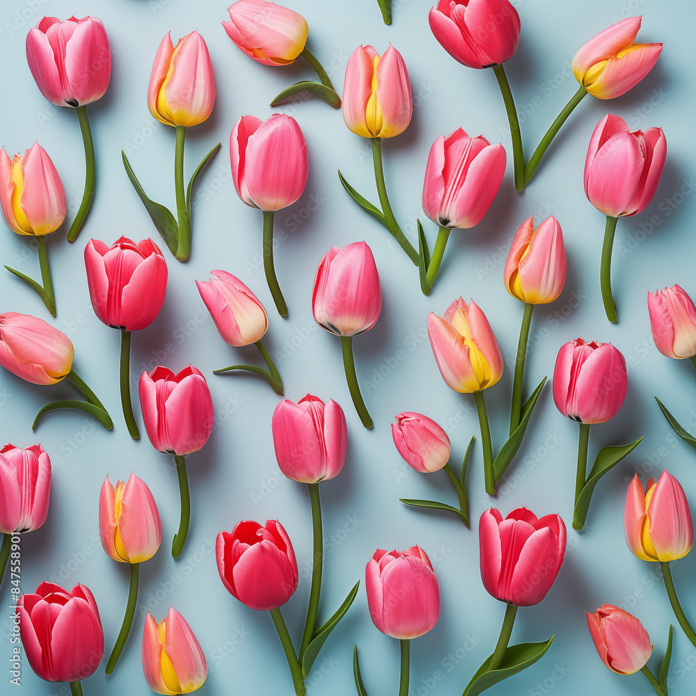 pink and yellow tulips on a light blue background. The vibrant flowers are evenly spaced, creating a harmonious and visually appealing composition, perfect for spring-themed designs. pink and yellow tulips on a light blue background. The vibrant flowers are evenly spaced, creating a harmonious and visually appealing composition, perfect for spring-themed designs.