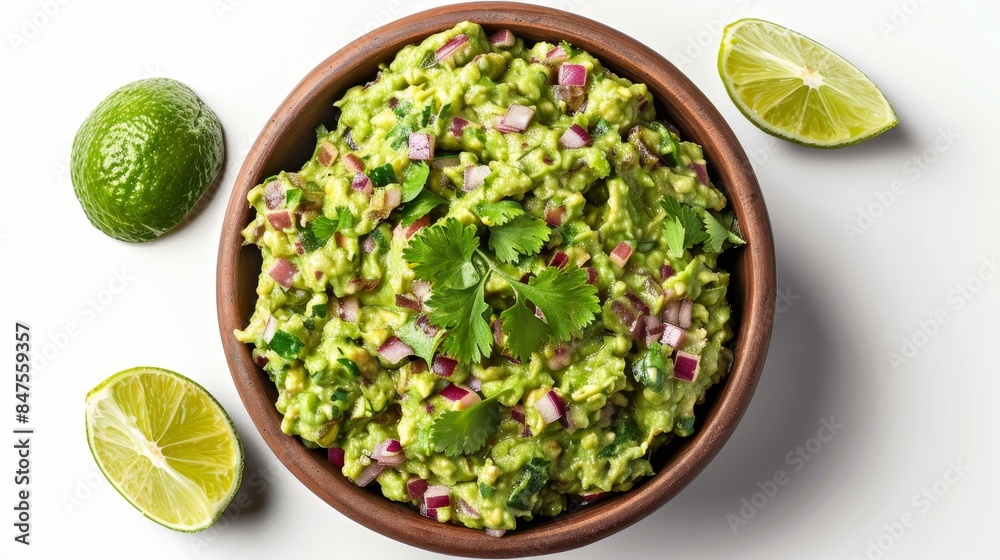 Freshly made guacamole, top view, creamy and rich in texture with lime, cilantro, and onions, isolated in a bowl on a white background Freshly made guacamole, top view, creamy and rich in texture with lime, cilantro, and onions, isolated in a bowl on a white background