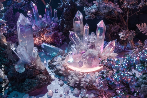 Magical crystal landscape with glowing geodes and minerals in vibrant colors, creating a mystic, fantasy-like scene under soft illumination photo