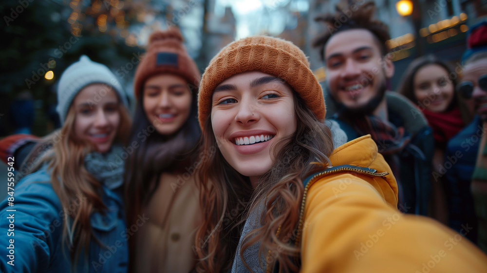 Group’s laughter is reflected on the smartphone screen, their cheerful faces filling the selfie