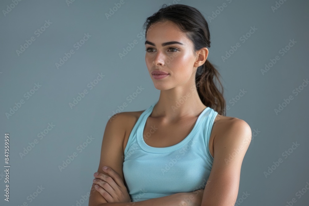Confident athletic woman in light blue tank top poses optimistically. Confident athletic woman in light blue tank top poses optimistically.