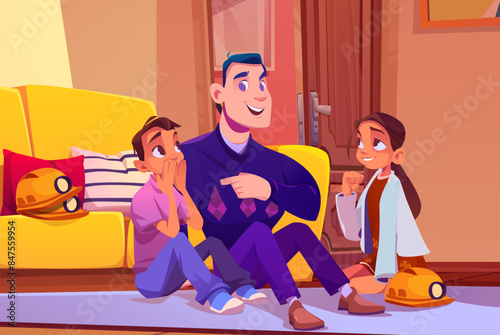 Father telling interesting story to happy kids. Vector cartoon illustration of cheerful dad and curious children sitting on floor in living room, parent and child communication, family weekend fun