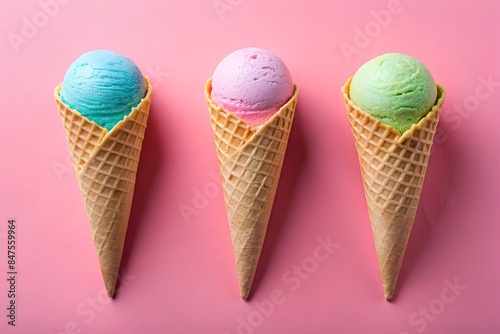 Ice cream cone set with three realistic colorful ice cream wafers pink background