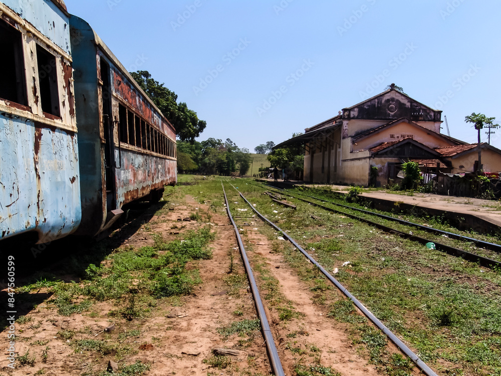 Abandoned, rusty and deteriorated second-class passenger carriage next to the Val de Palmas railway station, also abandoned, in the municipality of Bauru, state of Sao Paulo Abandoned, rusty and deteriorated second-class passenger carriage next to the Val de Palmas railway station, also abandoned, in the municipality of Bauru, state of Sao Paulo
