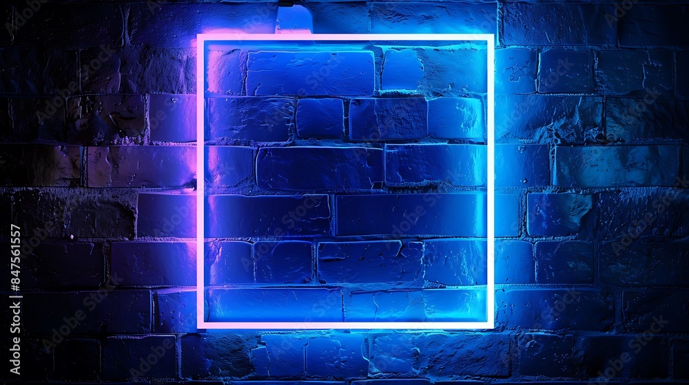 Blue abstract neon square shape with glowing neon colorful lighting on black brick wall Blue abstract neon square shape with glowing neon colorful lighting on black brick wall