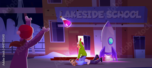 Two children took away glass flask with liquid chemical substance from male criminal. Cartoon vector guy throw beaker of pink water to girl near rocket ready to be launched on school yard at night.