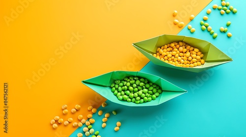 Boats with ukrainian soybeans made of paper origami concept isolated on colorful background photo