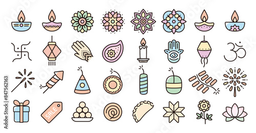 Diwali festival icon set