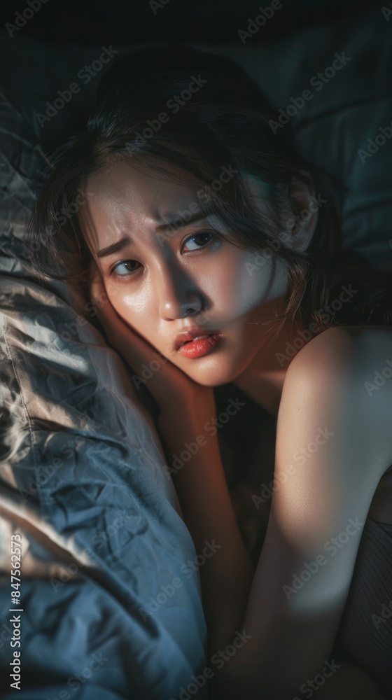 Naklejka premium Asian young woman struggling to sleep at night