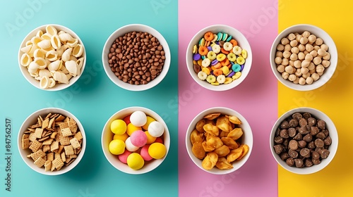 Bowls of snacks isolated on colorful background