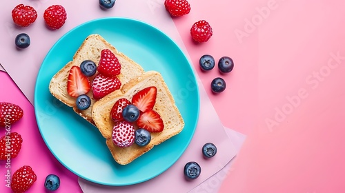 Breakfast of toast with fresh berries isolated on colorful background © Emma