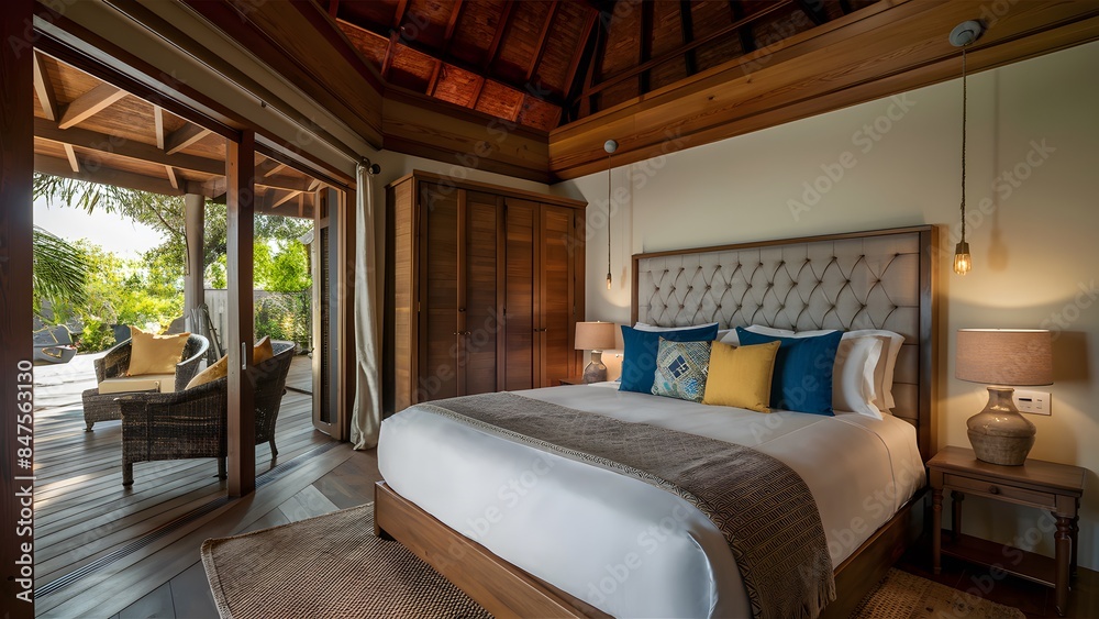 Naklejka premium A cozy bedroom with wooden interiors