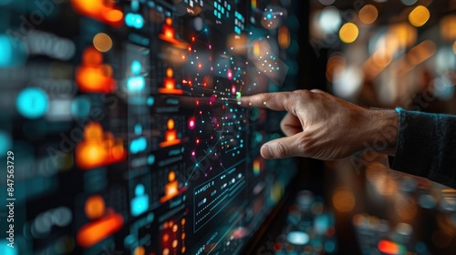 Person Interacting with Futuristic Digital Interface Displaying Data Visualizations and Analytics in a Modern High-Tech Environment