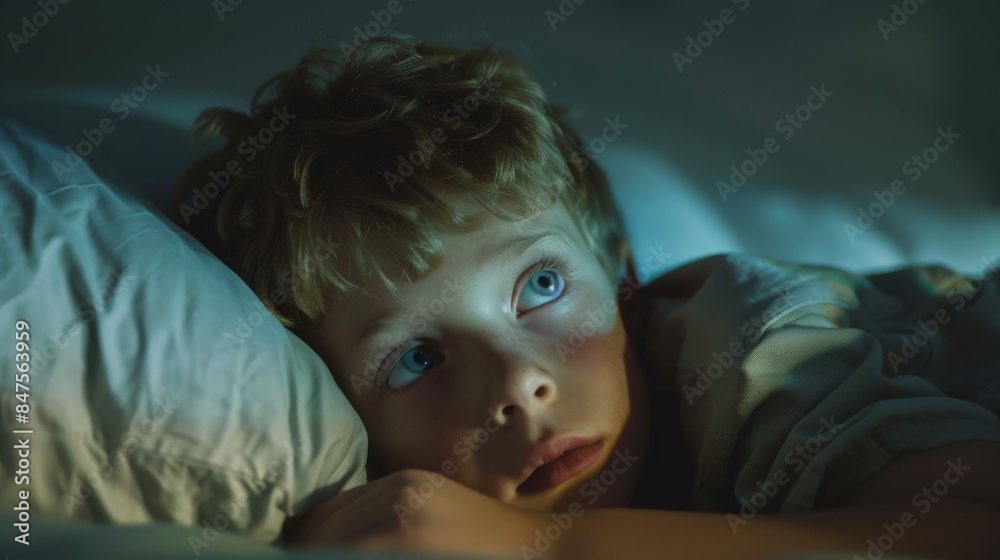 Caucasian kid boy struggling to sleep at night Caucasian kid boy struggling to sleep at night