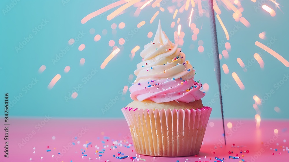 Celebration cupcake with sparklers isolated on colorful background Celebration cupcake with sparklers isolated on colorful background