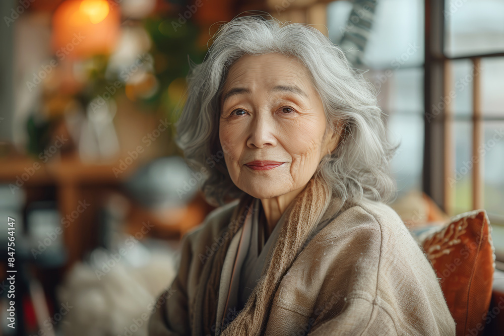 Senior Asian woman with gray hair and warm smile, sitting in cozy living room, representing wisdom and peacefulness. Senior Asian woman with gray hair and warm smile, sitting in cozy living room, representing wisdom and peacefulness.