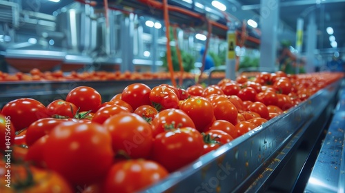 High-tech tomato sauce production with robots, modern and clean factory, safety protocols in place, sleek and efficient machinery