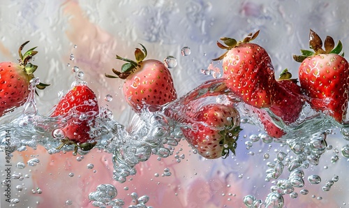 strawberries floating in water, with a whimsical blend of light silver and pink tones, in a realistic yet berrypunk style photo