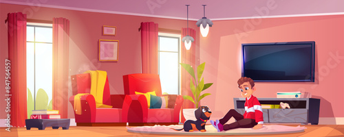 Kid boy sitting on floor of living room and playing with little dog of dachshund breed. Cartoon vector illustration of friendship between child and pet. Cute puppy with owner inside of home.