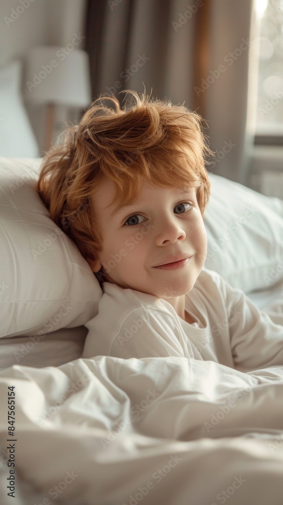 Fototapeta premium Caucasian kid boy waking up in the morning