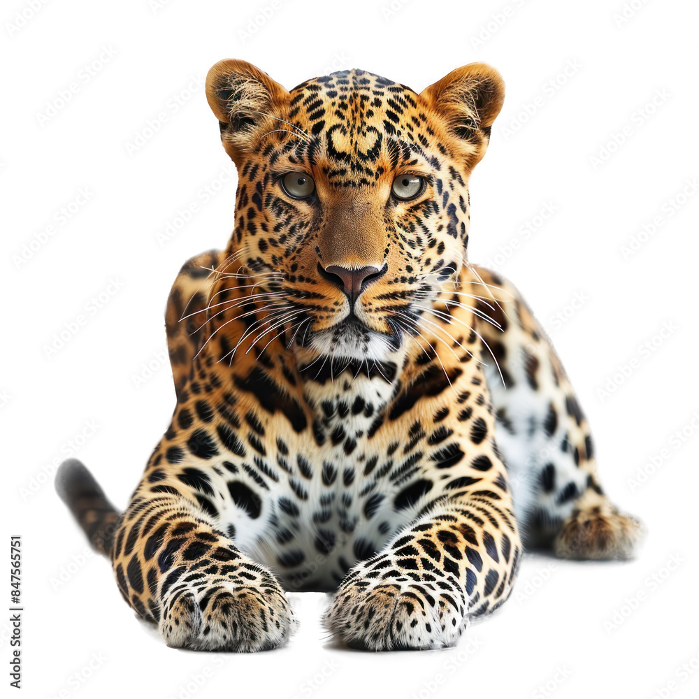 Obraz premium A leopard is laying down on a white background