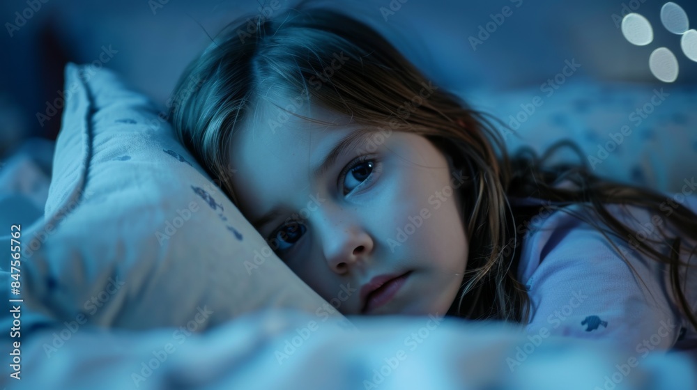 Caucasian kid girl struggling to sleep at night Caucasian kid girl struggling to sleep at night