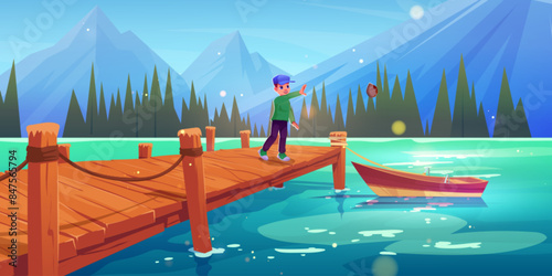 Teen boy in cap throw stone in water of river or lake standing on wooden pier. Cartoon vector summer sunny landscape with mountain hills, pond with dock and boat and blue sky. Smiling kid playing.