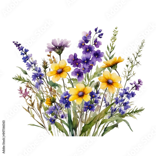 Watercolor purple and yellow wild flowers bouquet.