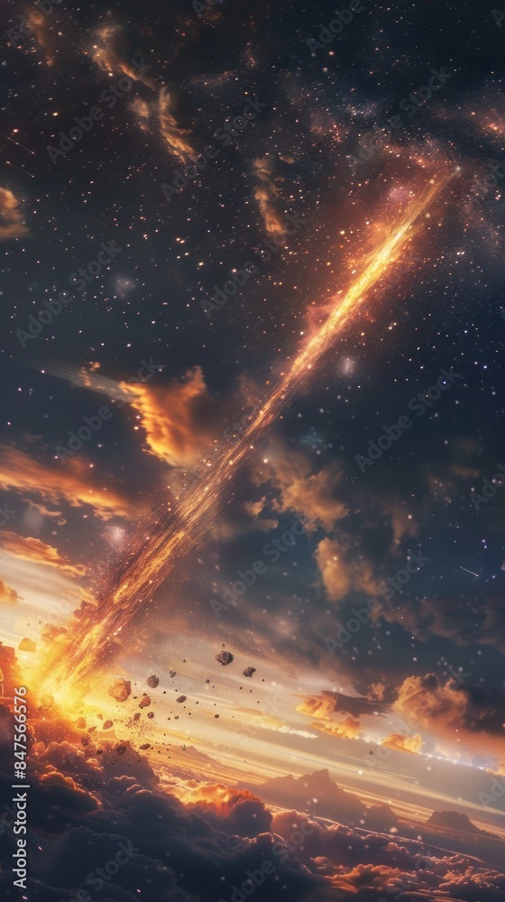 A space shot of a fiery comet shooting through the sky A space shot of a fiery comet shooting through the sky