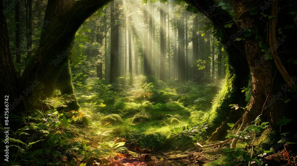 Fototapeta premium Round Gate made out of green forest with light rays shining through