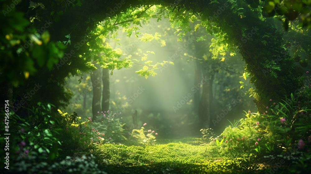 Obraz premium Round Gate made out of green forest with light rays shining through