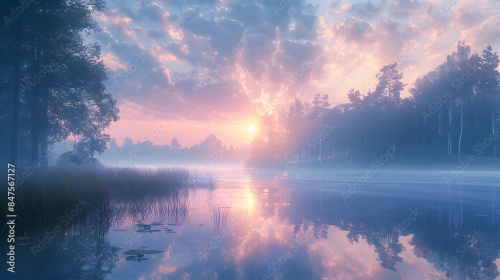 Serene Sunrise Reflections on a Tranquil Lake Landscape Serene Sunrise Reflections on a Tranquil Lake Landscape